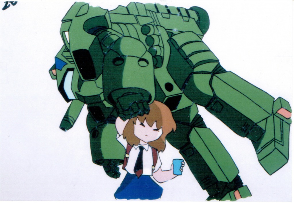 Cel from DAICON III featuring Daicon Girl lifting the green robot